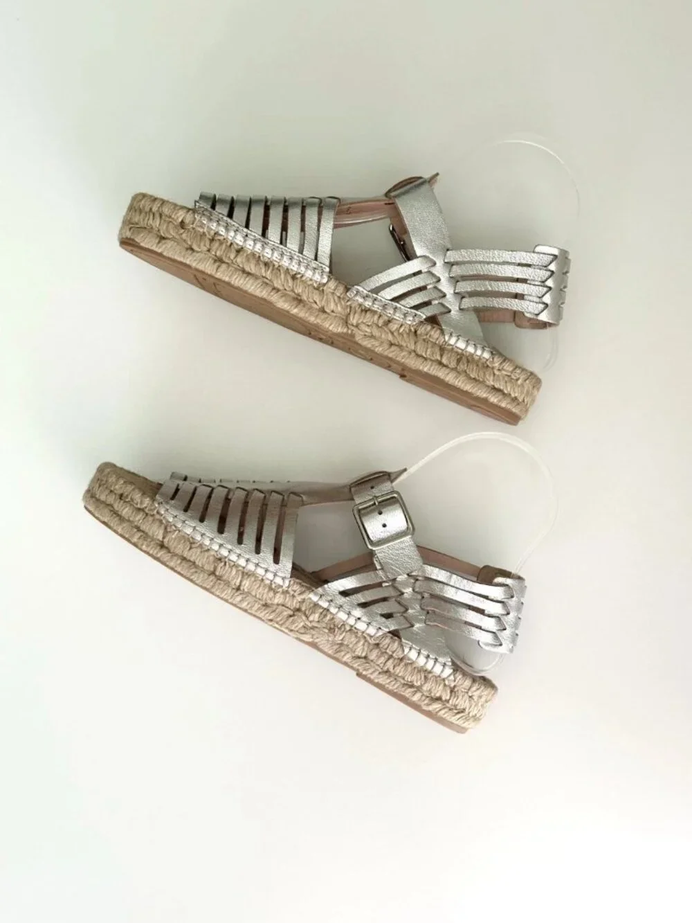 NEW LOEFFLER RANDALL Metallic Silver Leather Fisherman Espadrille Sandals Size 8